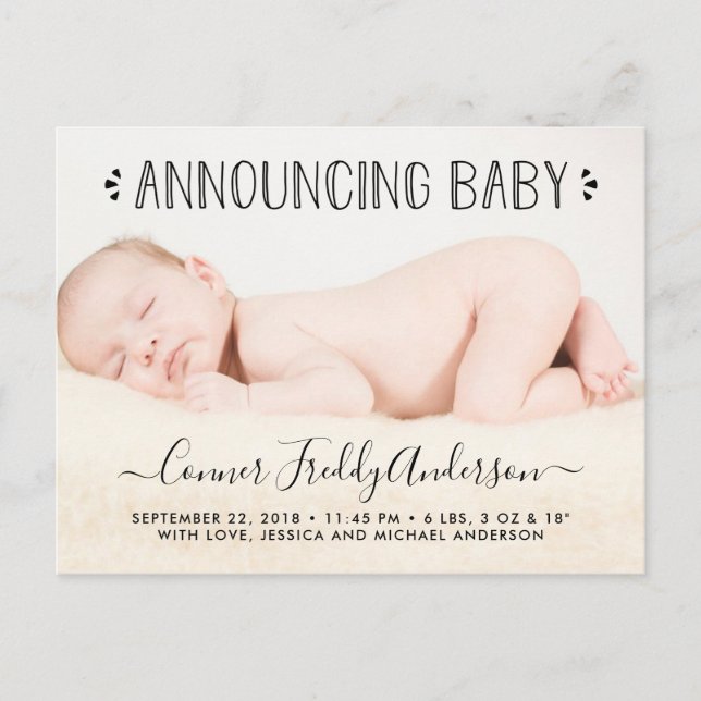 Trendy Typography Photo Birth Announcement (Front)