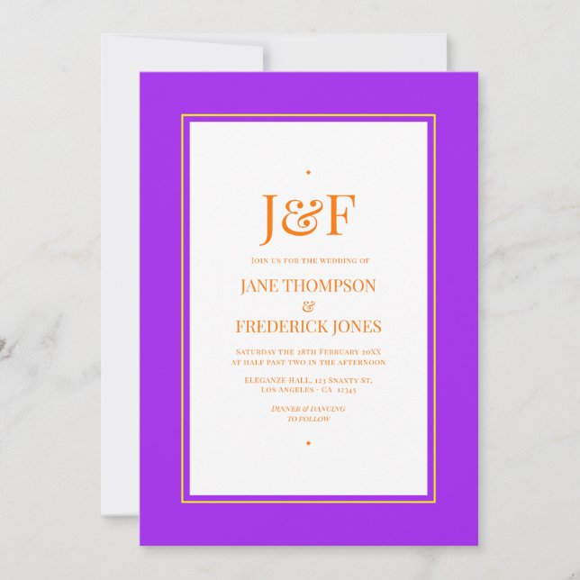 Trendy Typography Purple, Orange & Yellow Wedding Invitation (Front)