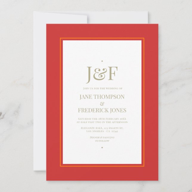 Trendy Typography Red, Orange and Sage Wedding Invitation (Front)