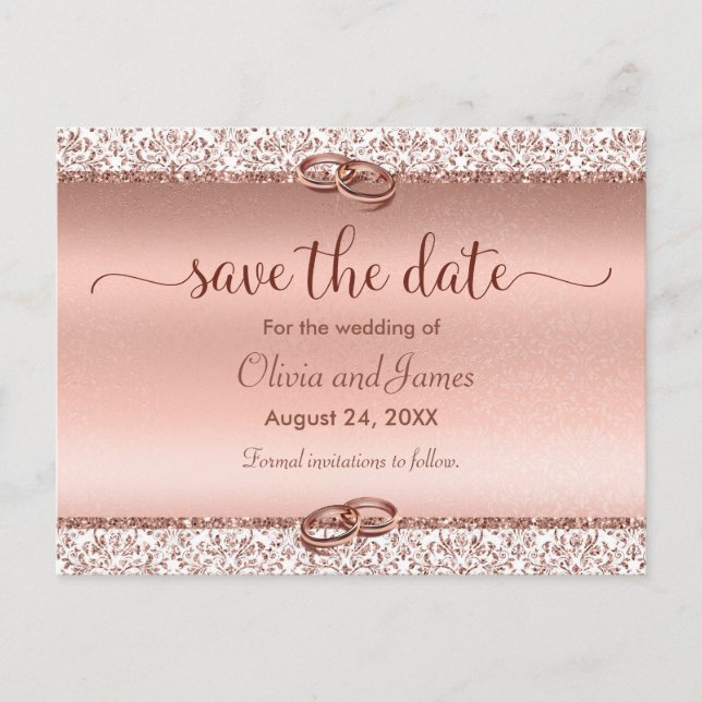 Trendy Typography Rose Gold Wedding Save the Date Announcement Postcard (Front)