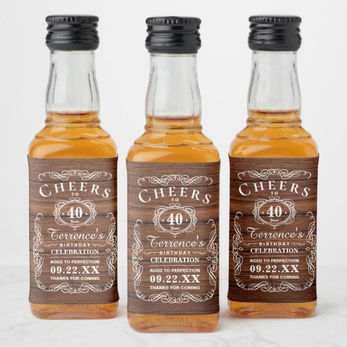 Trendy Typography Rustic Wood Birthday Party Liquor Bottle Label