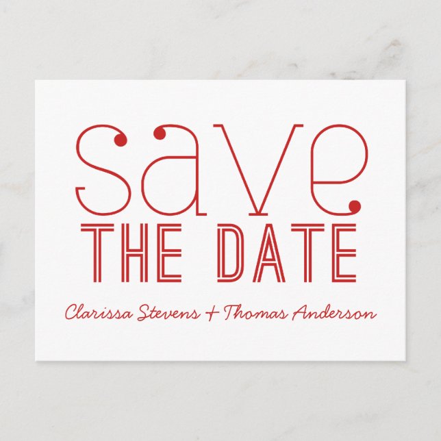 Trendy Typography Save the Date Postcard, Red Announcement Postcard (Front)