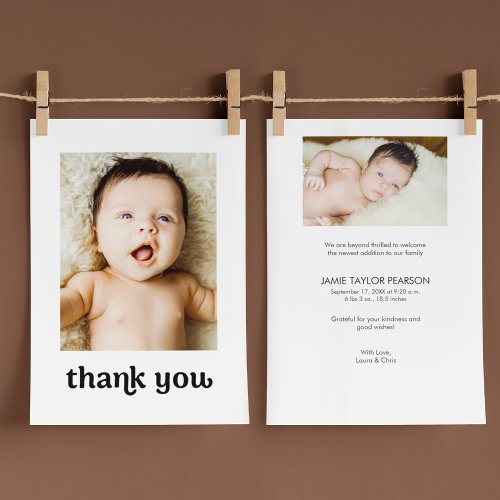Trendy Typography Simple Modern 2 Baby Photos Thank You Card