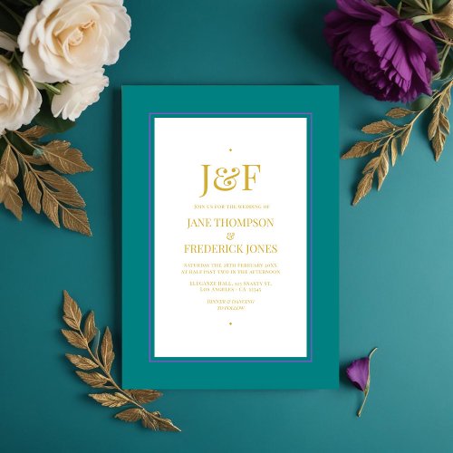 Trendy Typography Teal Purple and Gold Wedding Invitation