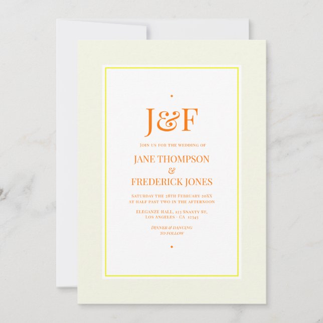 Trendy Typography Yellow, Orange and Ivory Wedding Invitation (Front)
