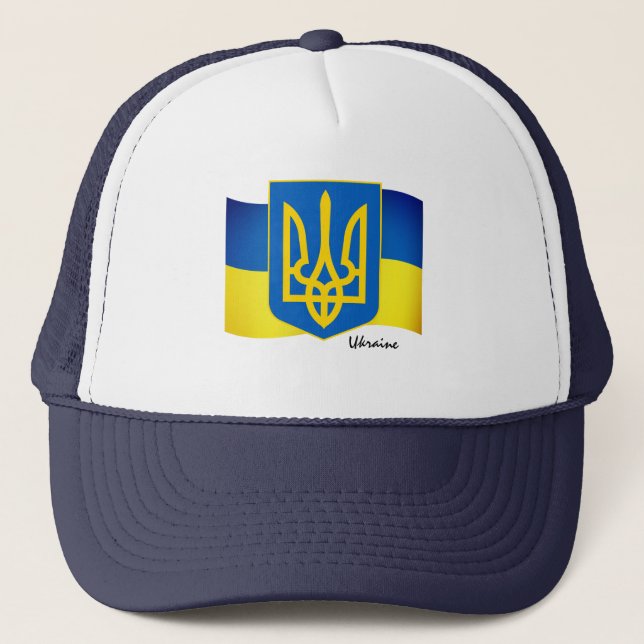 Trendy Ukrainian flag, Emblem & Ukraine Sports Trucker Hat (Front)