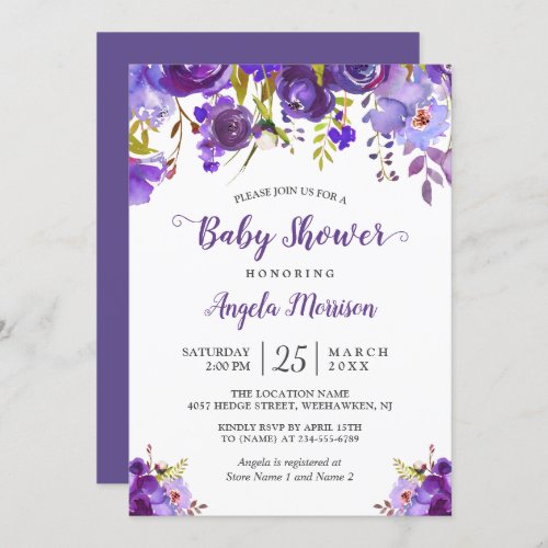 Trendy Ultra Violet Purple Floral Baby Shower Invitation - Create your perfect invitation with this pre-designed templates, you can easily personalize it to be uniquely yours. For further customization, please click the "customize further" link and use our easy-to-use design tool to modify this template. If you prefer Thicker papers / Matte Finish, you may consider to choose the Matte Paper Type.