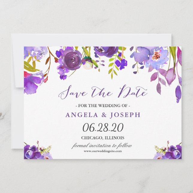 Trendy Ultra Violet Purple Floral Save the Date (Front)
