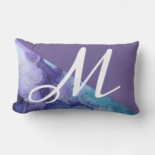 Trendy Ultra Violet Watercolor Turquoise Monogram Lumbar Pillow