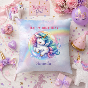 Trendy Unicorn Pink Purple Girl Birthday Pillow De