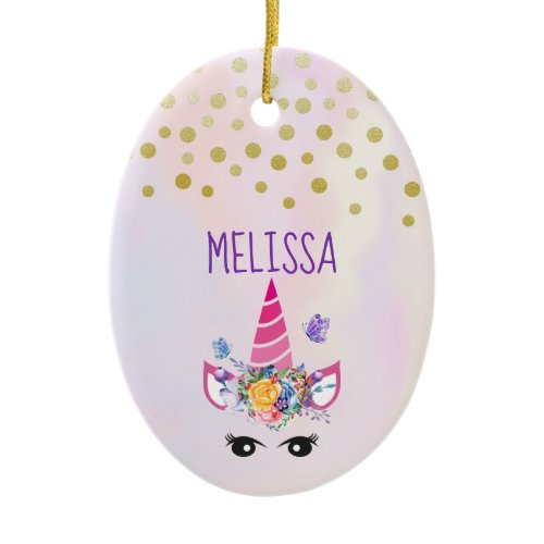 Trendy Unicorn with Floral Crown &amp; Butterflies Ceramic Ornament