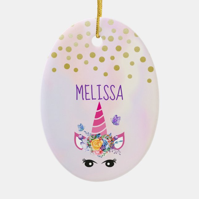 Trendy Unicorn with Floral Crown & Butterflies Ceramic Ornament (Front)