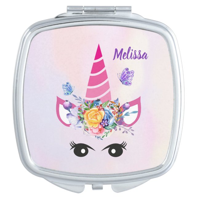 Trendy Unicorn with Floral Crown & Butterflies Compact Mirror (Front)