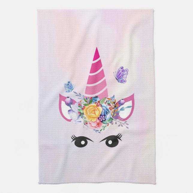 Trendy Unicorn with Floral Crown & Butterflies Kitchen Towel (Vertical)