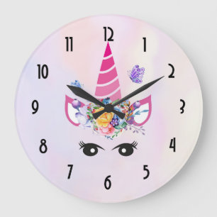 Trendy Unicorn with Floral Crown & Butterflies Large Clock