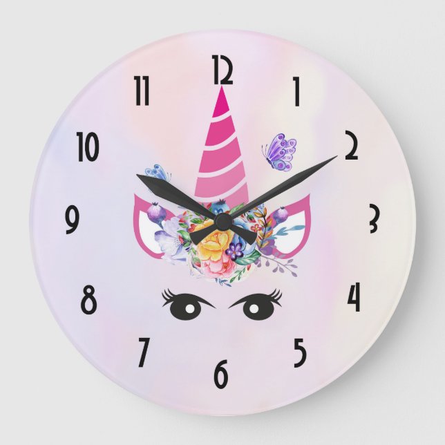 Trendy Unicorn with Floral Crown & Butterflies Large Clock (Front)