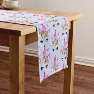 Trendy Unicorn with Floral Crown & Butterflies Short Table Runner