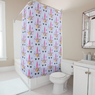 Trendy Unicorn with Floral Crown & Butterflies Shower Curtain