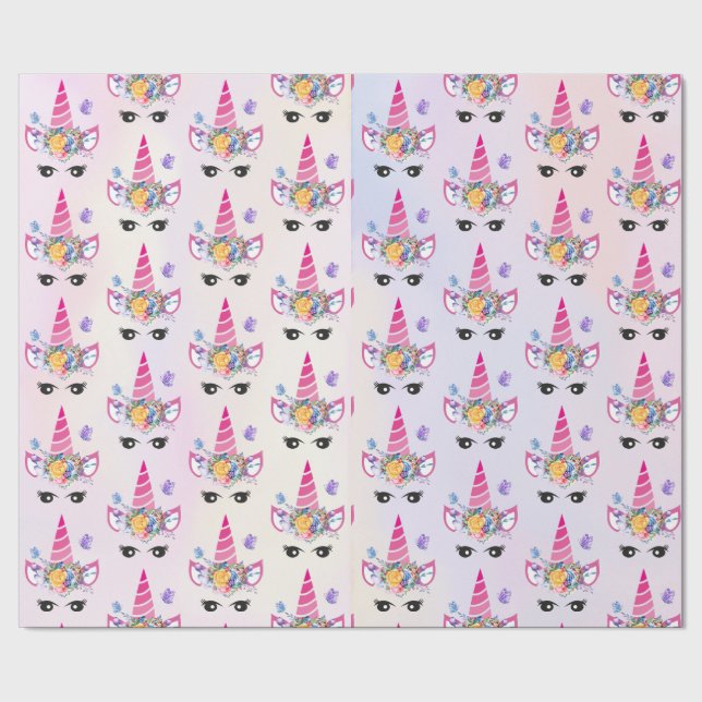 Trendy Unicorn with Floral Crown & Butterflies Wrapping Paper (Seam)
