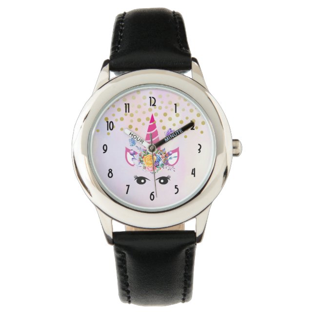 Trendy Unicorn with Flowers Butterflies & Confett Watch (Front)