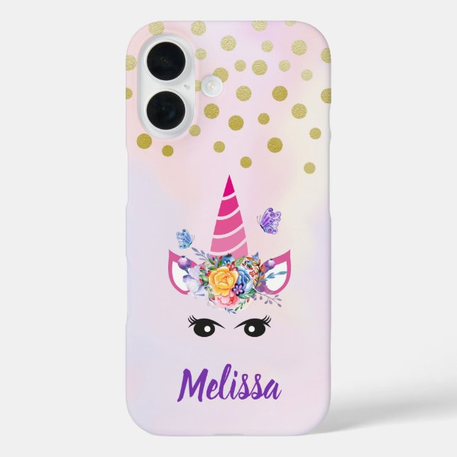 Trendy Unicorn with Flowers Butterflies & Confetti Case-Mate iPhone Case (Back)