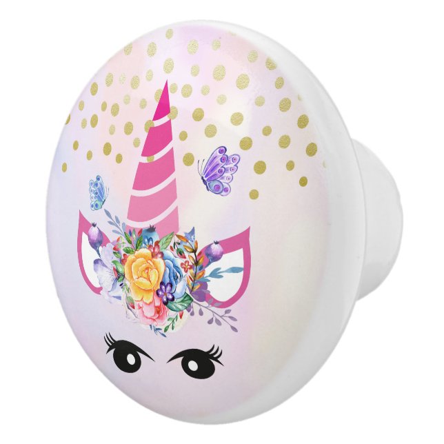Trendy Unicorn with Flowers Butterflies & Confetti Ceramic Knob (Right)