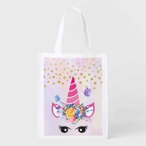 Trendy Unicorn with Flowers Butterflies  Confetti Grocery Bag