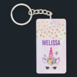 Trendy Unicorn with Flowers Butterflies & Confetti Keychain<br><div class="desc">Acrylic keychain personalized with a name. Designed with a trendy pink unicorn.  Adorned with a fancy floral headpiece. Whimsical butterflies flying around. Fake gold confetti sprinkled along the top. A pale purple and yellow watercolor background.</div>