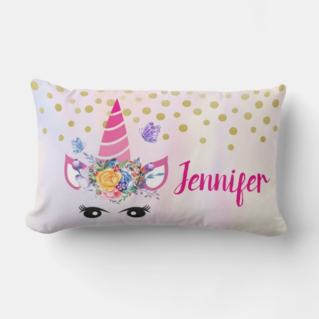 Trendy Unicorn with Flowers Butterflies & Confetti Lumbar Pillow (Front)