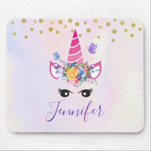 Trendy Unicorn with Flowers Butterflies & Confetti Mouse Pad