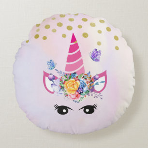 Trendy Unicorn with Flowers Butterflies & Confetti Round Pillow