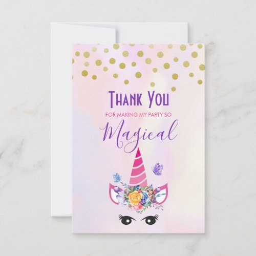 Trendy Unicorn with Flowers Butterflies  Confetti Thank You Card