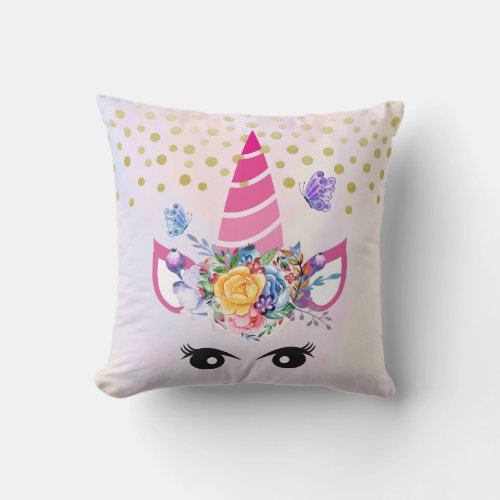 Trendy Unicorn with Flowers Butterflies  Confetti Throw Pillow