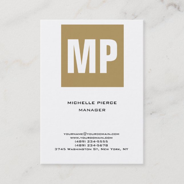 Trendy unique beige white vertical huge monogram business card (Front)