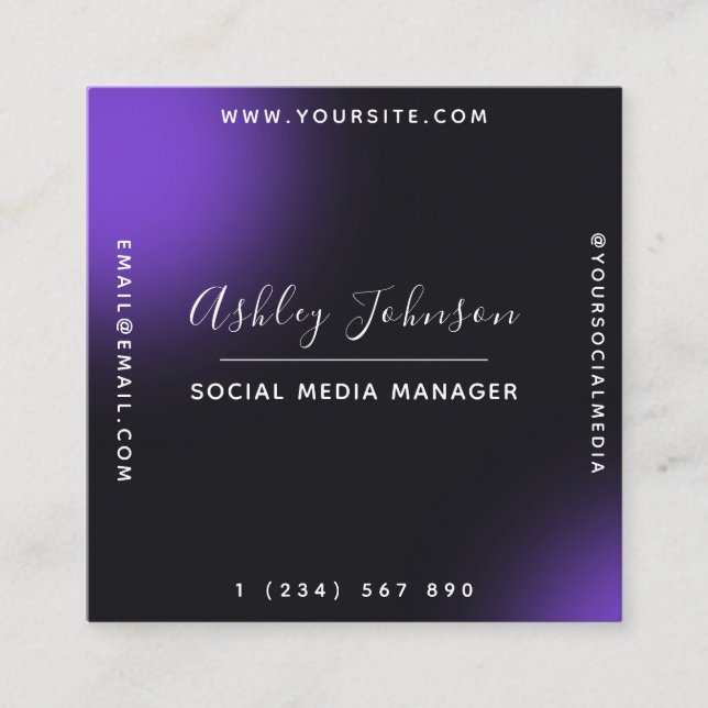 Trendy & Unique Black Purple QR Code Social Media  Square Business Card (Front)