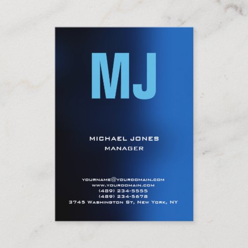 Trendy unique blue vertical huge monogram business card