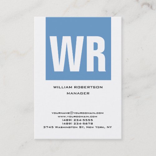 Trendy unique blue white vertical huge monogram business card