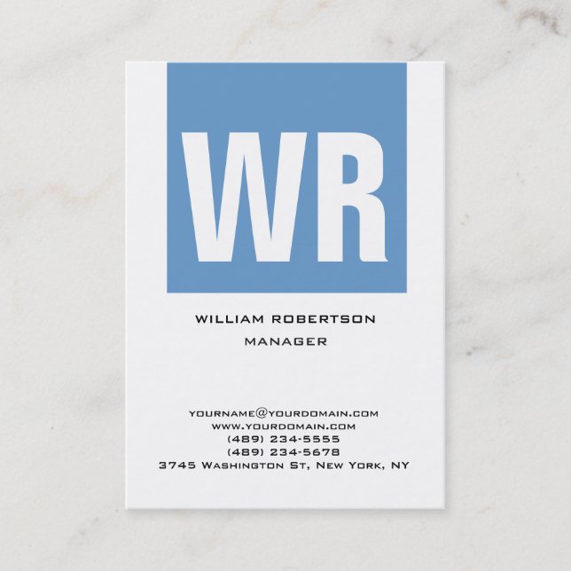 Trendy unique blue white vertical huge monogram business card (Front)