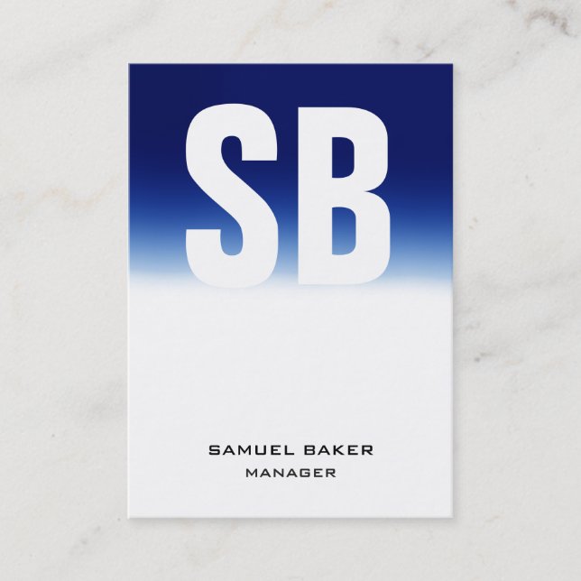 Trendy unique blue white vertical plain monogram business card (Front)