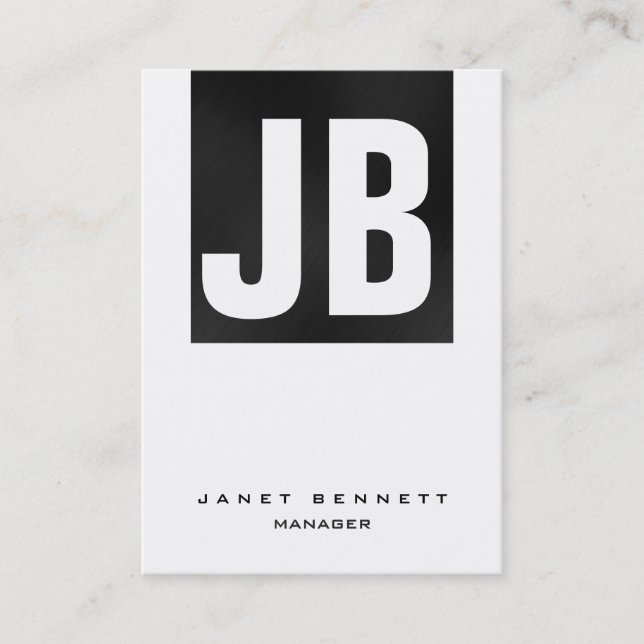Trendy unique dark grey white vertical monogram business card (Front)