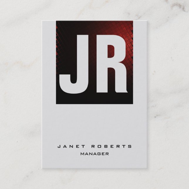 Trendy unique dark red grey vertical monogram business card (Front)