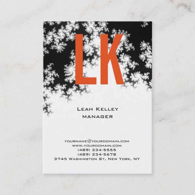 Trendy unique floral pattern orange white monogram business card (Front)