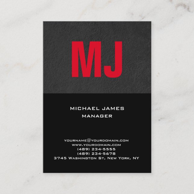 Trendy unique grey black red monogram business card (Front)