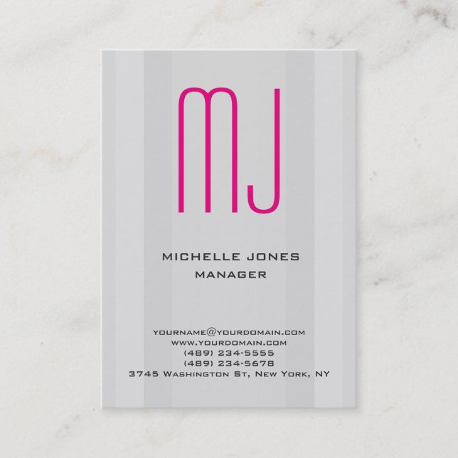 Trendy unique grey pink professional monogram business card (Front)