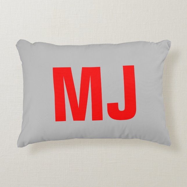 Trendy unique grey red bold monogram name initials accent pillow (Front)