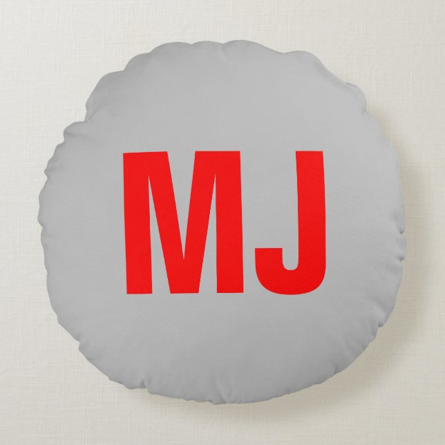 Trendy unique grey red bold monogram name initials round pillow (Front)