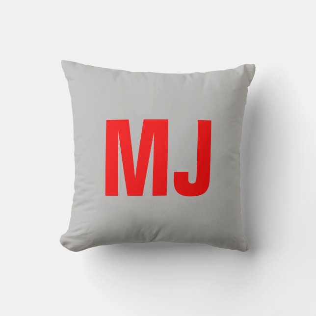 Trendy unique grey red bold monogram name initials throw pillow (Front)