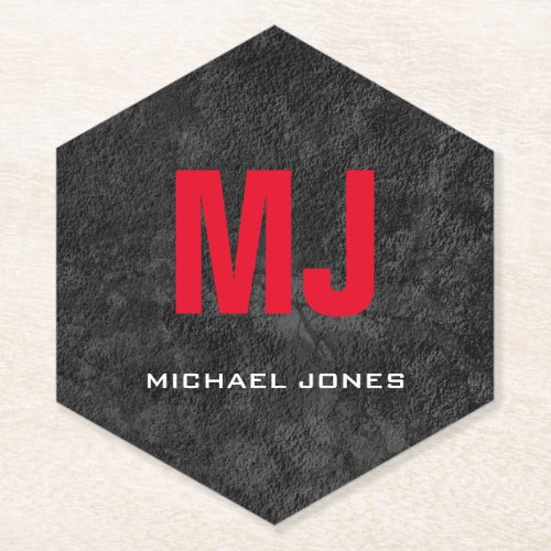 Trendy unique grey red monogram your name paper coaster