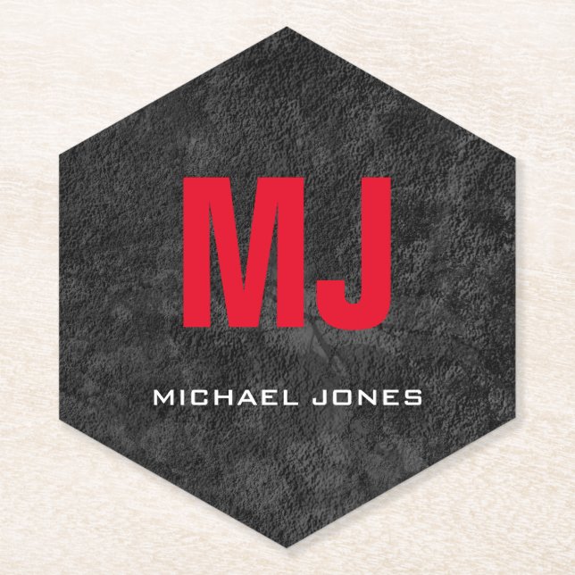 Trendy unique grey red monogram your name paper coaster (Front)