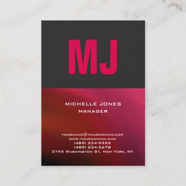 Trendy unique grey red professional monogram business card (Front)